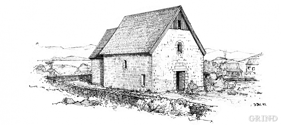 Kyrkja på Moster teikna av Johan Meyer i 1897