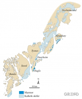 Kart over sonene med marmor og kalkrik skifer på nordsida av Hardangerfjorden.