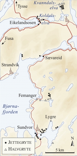 Kart over jettegryter i Fusa etter Olaf Hanssens kartlegging i 1930-åra. 