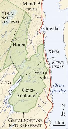 Kart over Geitaknottane naturreservat.
