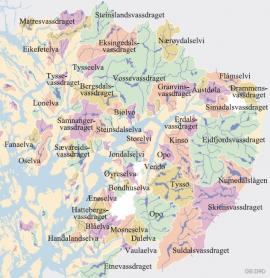 Kart over hovedvassdragene i Hordaland
