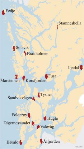Kart over kjente korallrev i Hordaland.