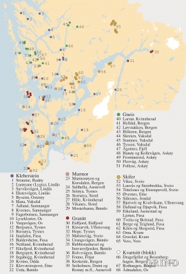 Kart over brudd som har levert stein til bygninger, brostein, murer og kaier i Hordaland.