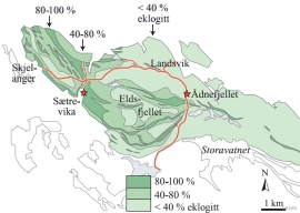 Kart over eklogittførekomstane på Holsnøy