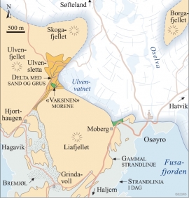 Kart over Os-området då breelvane bygde opp Ulvensletta for om lag 12 000 år sidan