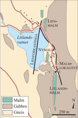 Kart over gruveområdet på Litland i Hosanger