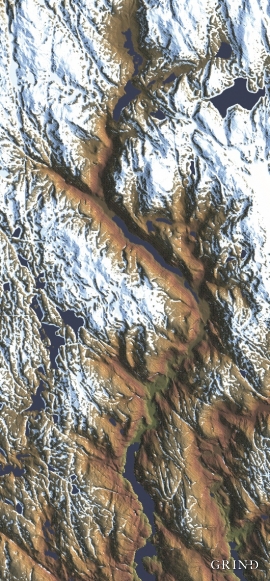 Mofjorden (nedst), Modalen med Steinslandsvatnet (midten) og Stølsdalen (øvst) 
