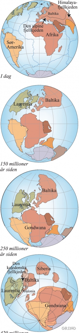 Fire stadier i utviklingen av jordens geografi, fra 420 millioner år siden og fram til i dag. 