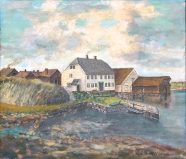 Watercolour of the closely knit housing settlement at Engesund in the 1800s.