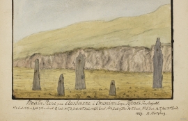 Nils Hertzber’s watercolour from 1829 gives us an impression of the burial site with the menhirs at Årbakkesanden. 