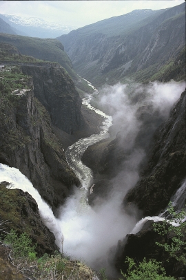 Vøringsfossen waterfall and the Upper Måbødalen Valley, as seen from the viewpoint at Hotel Fossli. 