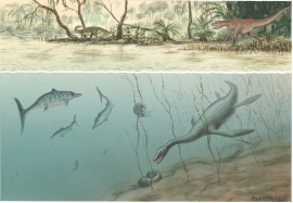 Fantasy drawing of the animal life that reigned when the Bjorøy layer was deposited during the younger part of the Jurassic Period.