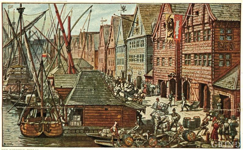 Forsøk på rekonstruksjon av Bryggen på 1500-tallet.