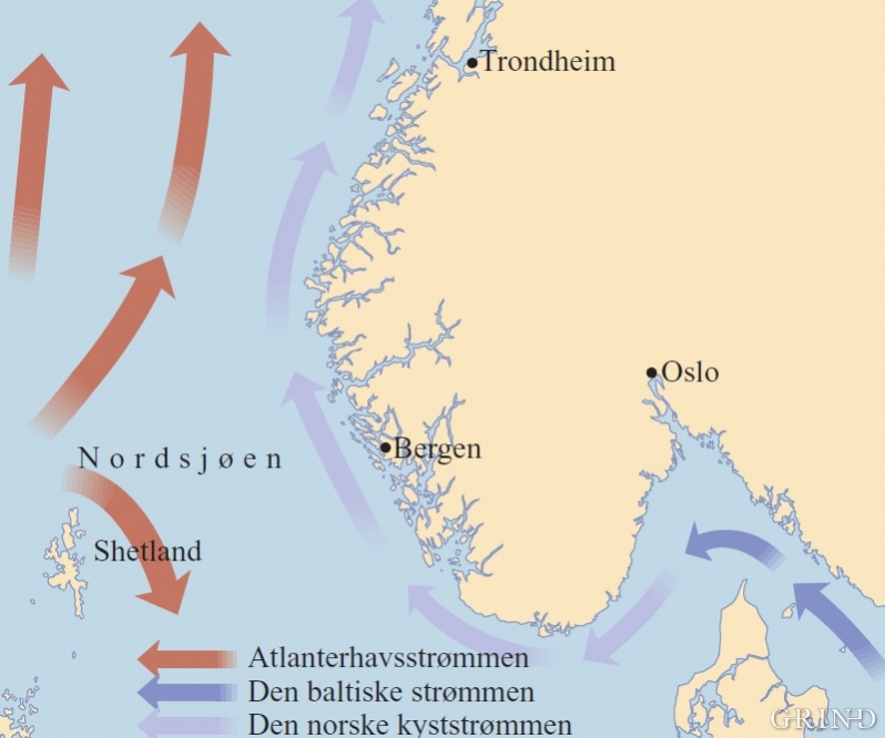 Kart over de viktigste strømmene langs kysten av Sør-Norge