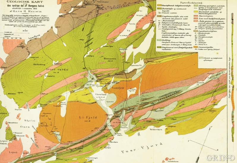 Os-områdets geologi, kartlagt av Hans Reusch i 1881.